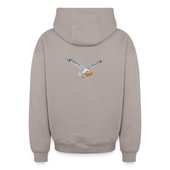 Lustige Möwe Stiehlt Fischbrötchen Strand - Oversized Heavyweight Unisex Zip Hoodie - Taupe - Hinten - AI Model Male 178 light (178cm)