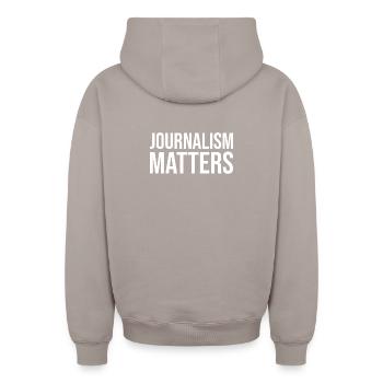 Journalism Matters - Oversized Heavyweight Unisex Zip Hoodie - taupe - Back - AI Model Male 178 light (178cm)