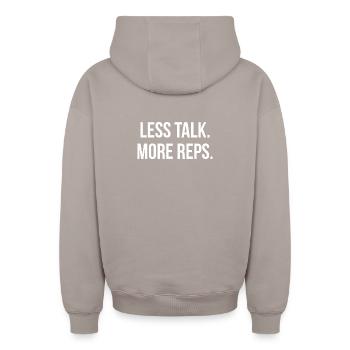 LESS TALK. MORE REPS. | Greyline Official - Oversized Heavyweight Unisex Zip Hoodie - taupe - Back - AI Model Male 178 light (178cm)