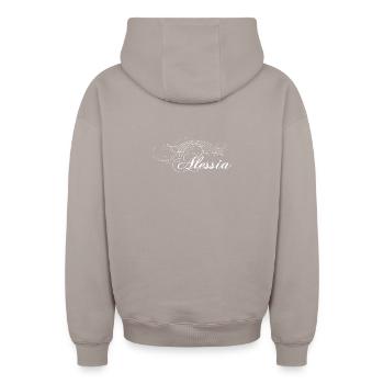Alessia verziert weiss - Oversized Heavyweight Unisex Zip Hoodie - Taupe - Hinten - AI Model Male 178 light (178cm)