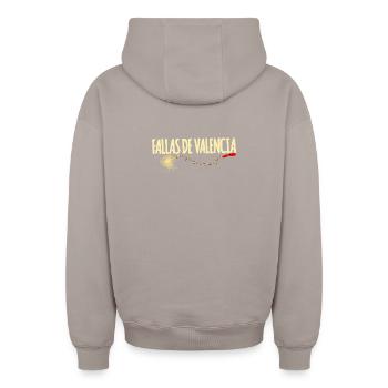 Fallas de Valencia Traca - Sweat à capuche unisexe zippé oversize épais SPREAD - taupe - Dos - AI Model Male 178 light (178cm)