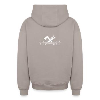 selfmade man Symbol Logo Herzschlag Handwerk icon - Oversized Heavyweight Unisex Zip Hoodie - Taupe - Hinten - AI Model Male 178 light (178cm)