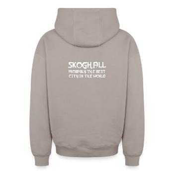 Skoghall – Die beste Stadt der Welt - Oversized Heavyweight Unisex Zip Hoodie - Taupe - Hinten - AI Model Male 178 light (178cm)