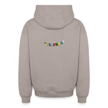 Drapeaux de prière - Sweat à capuche unisexe zippé oversize épais SPREAD - taupe - Dos - AI Model Male 178 light (178cm)