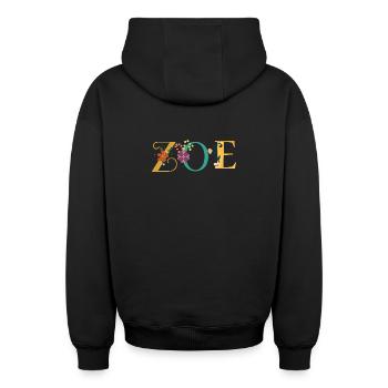Art du prénom ZOE avec fleurs brodées - Sweat à capuche unisexe zippé oversize épais SPREAD - noir - Dos - AI Model Male 185 dark (185cm)