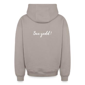 Saarland dialect shirt Saar Saarland gift - Oversized Heavyweight Unisex Zip Hoodie - taupe - Back - AI Model Male 178 light (178cm)