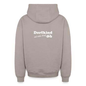 Village child - and proud of it - Oversized Heavyweight Unisex Zip Hoodie - taupe - Back - AI Model Male 178 light (178cm)
