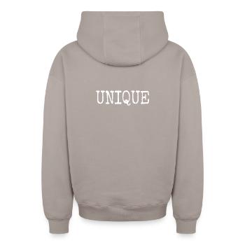 Unique Einzigartig Unikat Selbstwert Einzig Artig - Oversized Heavyweight Unisex Zip Hoodie - Taupe - Hinten - AI Model Male 178 light (178cm)