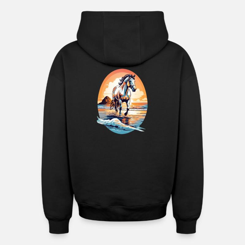 Cheval sur la plage - Sweat à capuche unisexe zippé oversize épais SPREAD - noir