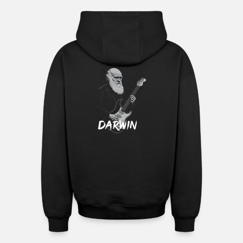 Darwin jouant de la guitare Evolution - Sweat à capuche unisexe zippé oversize épais SPREAD - noir