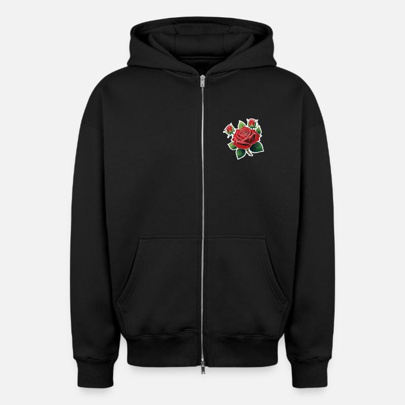 Rose Rouge – Rockabilly - Sweat à capuche unisexe zippé oversize épais SPREAD - noir
