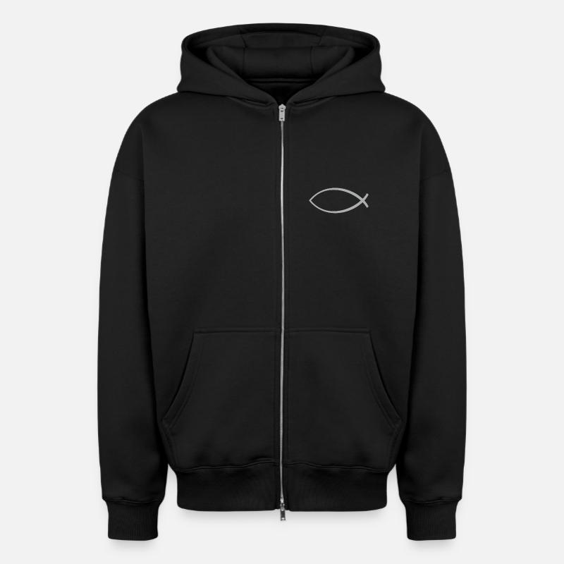 Ichtus poisson argent - Sweat à capuche unisexe zippé oversize épais SPREAD - noir