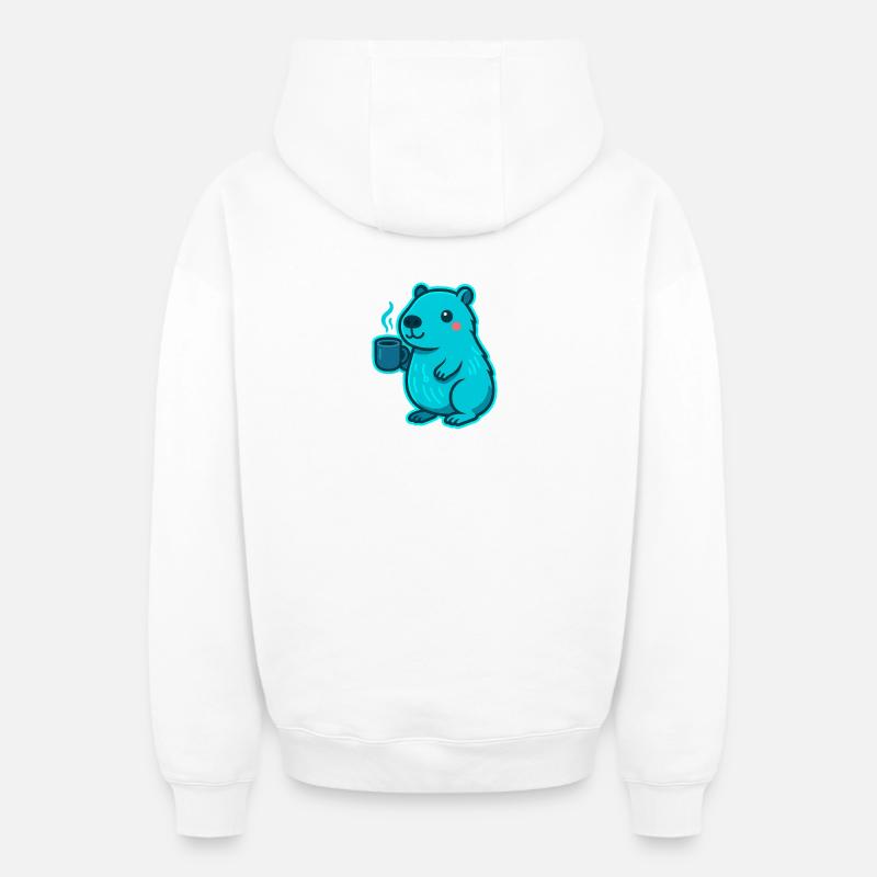 Capybara bleu avec café - Sweat à capuche unisexe zippé oversize épais SPREAD - blanc