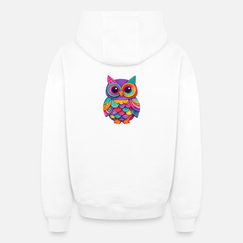Patchwork Owl Magic - Oversized Heavyweight Unisex Zip Hoodie - white