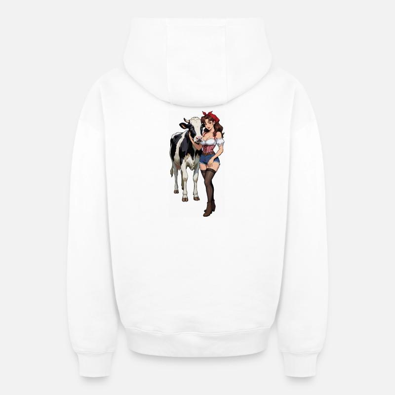Fermière pin-up avec vache - Sweat à capuche unisexe zippé oversize épais SPREAD - blanc