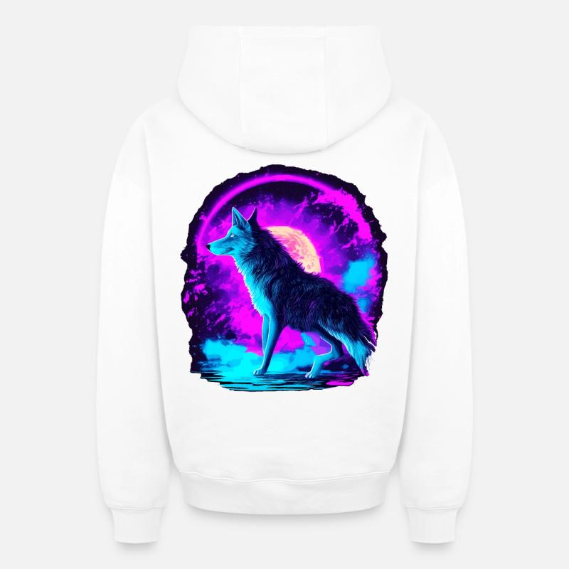Wolf Neon Illustration Synthwave Art - Sweat à capuche unisexe zippé oversize épais SPREAD - blanc
