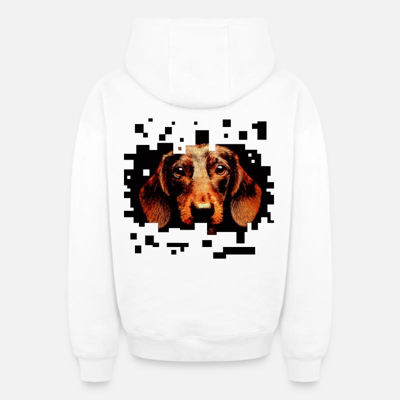 Teckel à poil dur pixelart - Sweat à capuche unisexe zippé oversize épais SPREAD - blanc