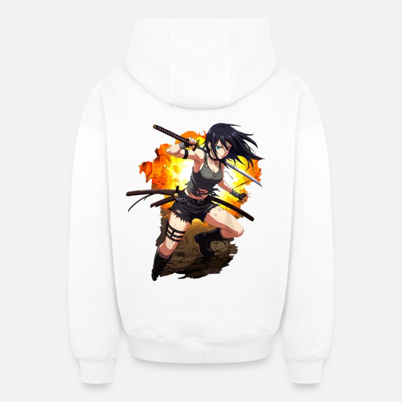 Anime Guerrier Action Shot - Sweat à capuche unisexe zippé oversize épais SPREAD - blanc