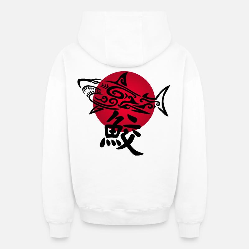 Requin noir et soleil rouge - Sweat à capuche unisexe zippé oversize épais SPREAD - blanc