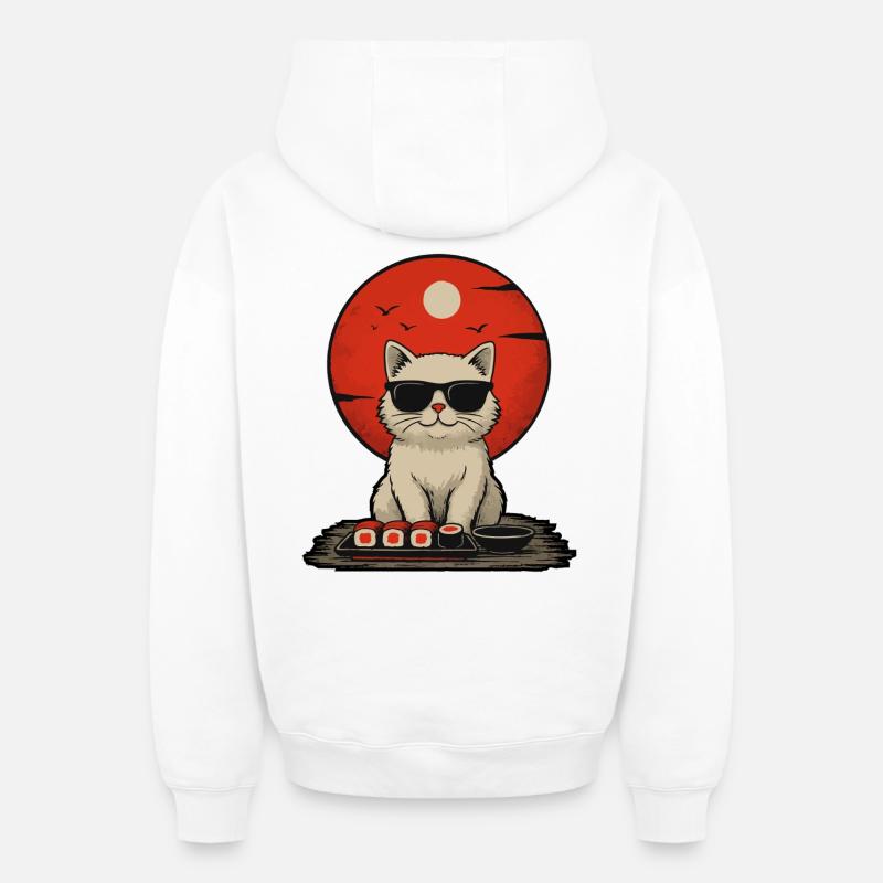 Sunset Cat avec sushi - Sweat à capuche unisexe zippé oversize épais SPREAD - blanc