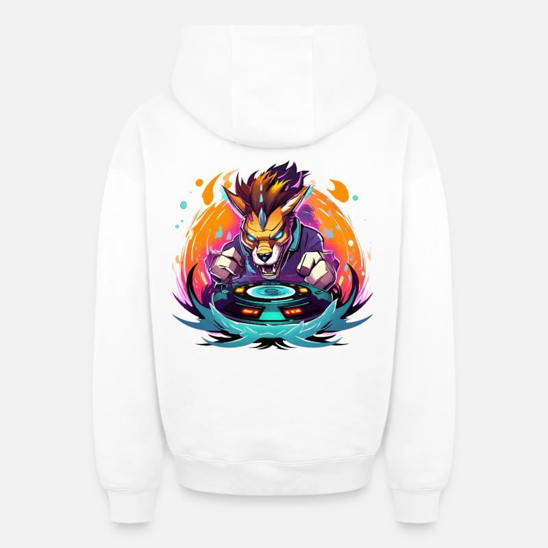Wolf DJ Neon Fire - Sweat à capuche unisexe zippé oversize épais SPREAD - blanc