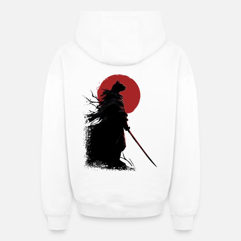 Chat samouraï - Sweat à capuche unisexe zippé oversize épais SPREAD - blanc
