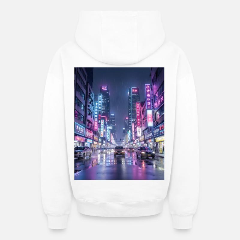 Paysage urbain de pluie néon - Sweat à capuche unisexe zippé oversize épais SPREAD - blanc