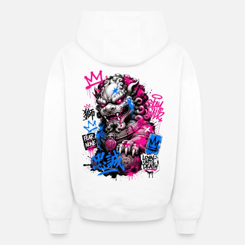 Graffiti Foo Dog Street Guardian - Sweat à capuche unisexe zippé oversize épais SPREAD - blanc