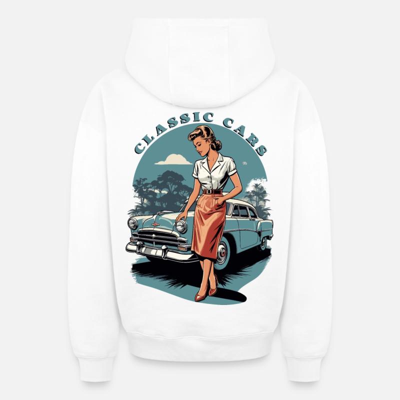Voitures de collection 1950 - Sweat à capuche unisexe zippé oversize épais SPREAD - blanc