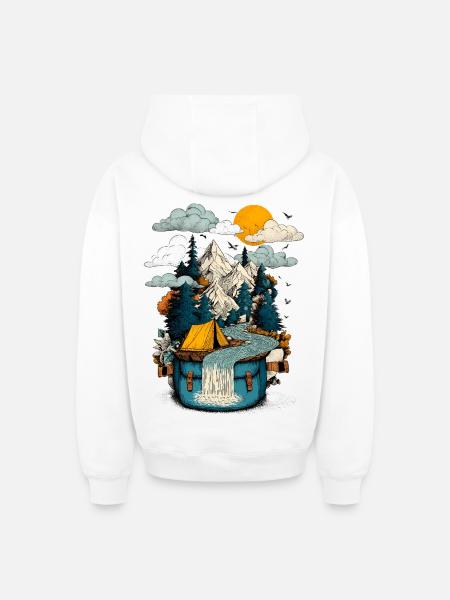 Mountain Lake Path - Camping Backpacker Motif - Oversized Heavyweight Unisex Zip Hoodie - white