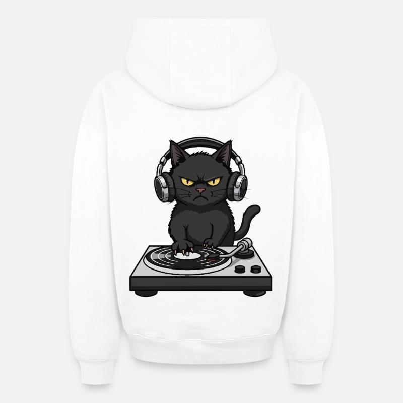 Turntable Cat Chat DJ Vinyle - Sweat à capuche unisexe zippé oversize épais SPREAD - blanc