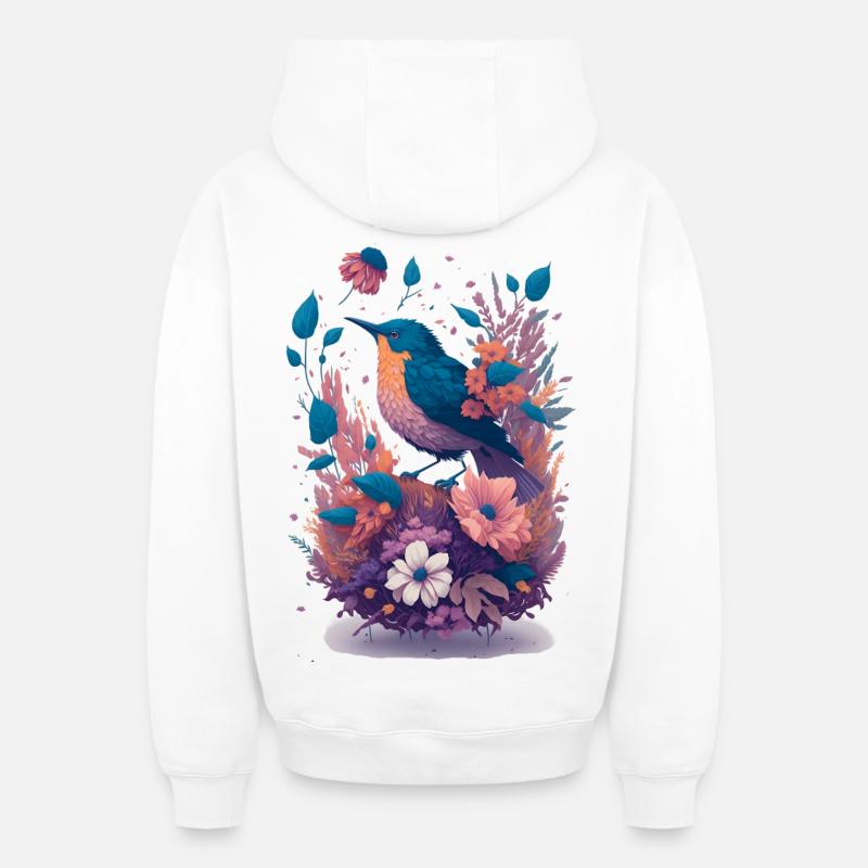 Oiseaux dans un bouquet de fleurs - Sweat à capuche unisexe zippé oversize épais SPREAD - blanc
