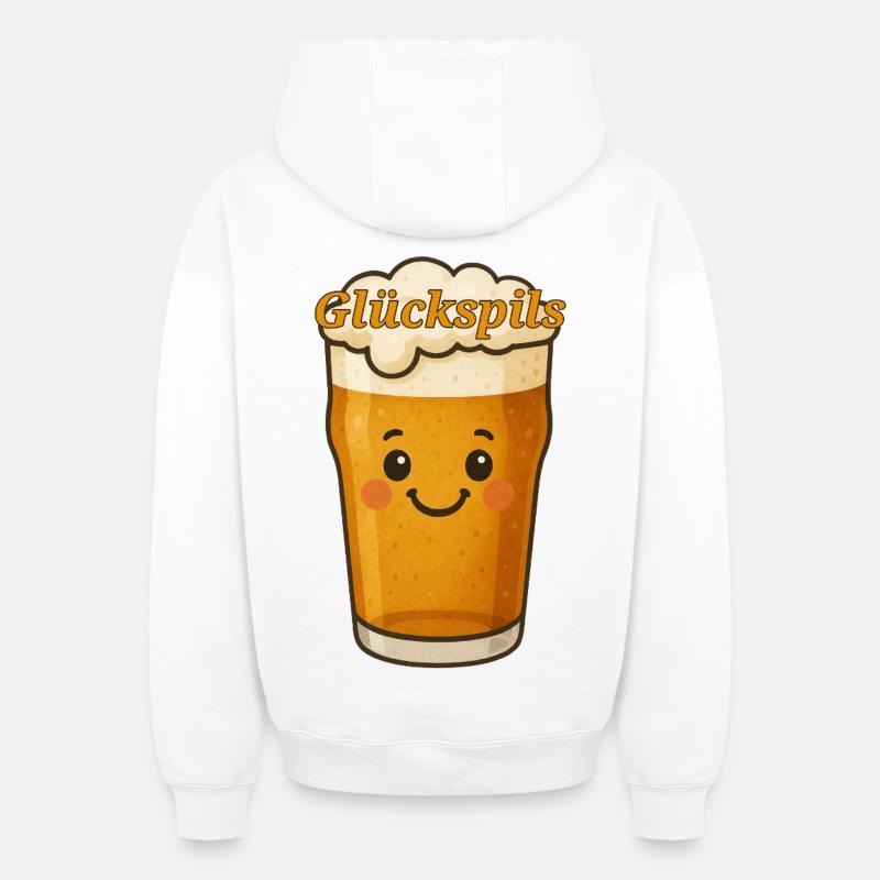 Happy Beer – Dessin animé mignon « Glückspils » - Sweat à capuche unisexe zippé oversize épais SPREAD - blanc