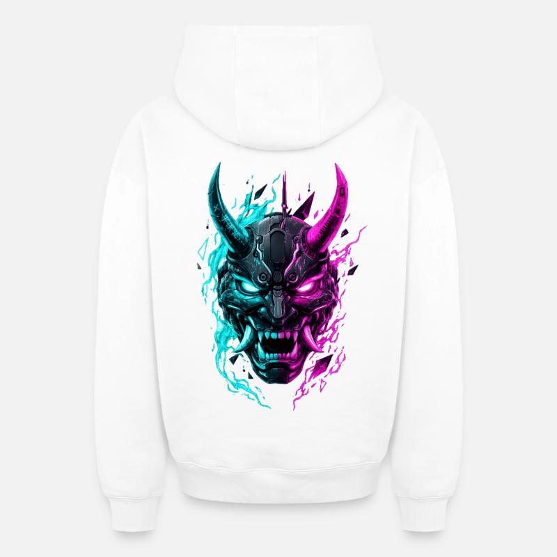 Masque Cyber Oni Néon - Sweat à capuche unisexe zippé oversize épais SPREAD - blanc
