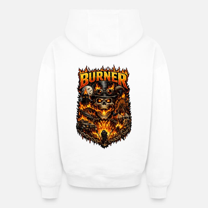 Burner – Feu, Liberté et Rébellion - Sweat à capuche unisexe zippé oversize épais SPREAD - blanc