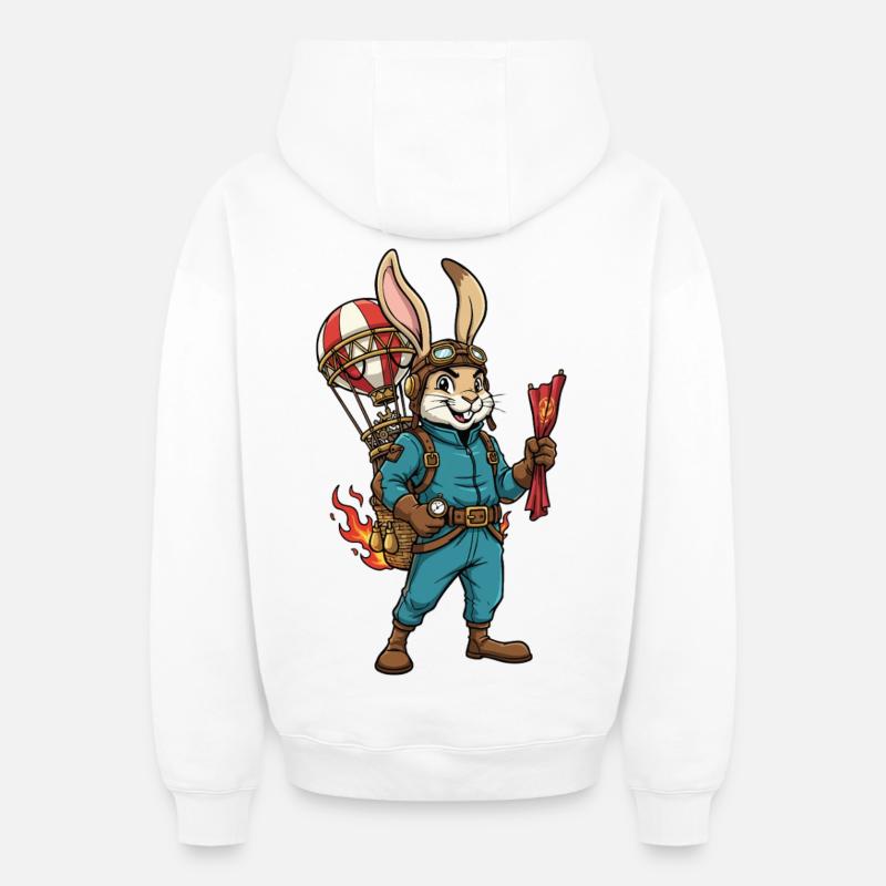 Lapin Aviateur Steampunk Montgolfière Vol - Sweat à capuche unisexe zippé oversize épais SPREAD - blanc