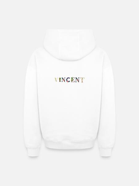 VINCENT navn dekoreret med blomster - Unisex oversize hættetrøje med lynlås i kraftig kvalitet - hvid