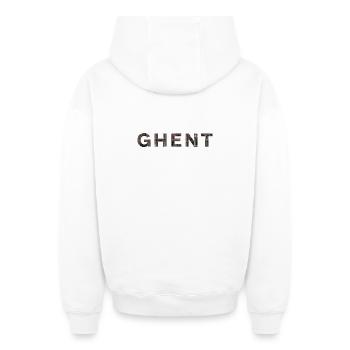 GHENT – Gothic Brick Typography - Oversized Heavyweight Unisex Zip Hoodie - white - Back - AI Model Male 178 light (178cm)
