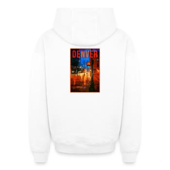 Denver Neonnacht: Regen in der Stadt - Oversized Heavyweight Unisex Zip Hoodie - Weiß - Hinten - AI Model Male 178 light (178cm)
