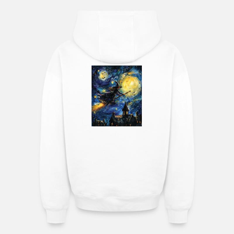 Sorcière Van Gogh Nuit étoilée - Sweat à capuche unisexe zippé oversize épais SPREAD - blanc