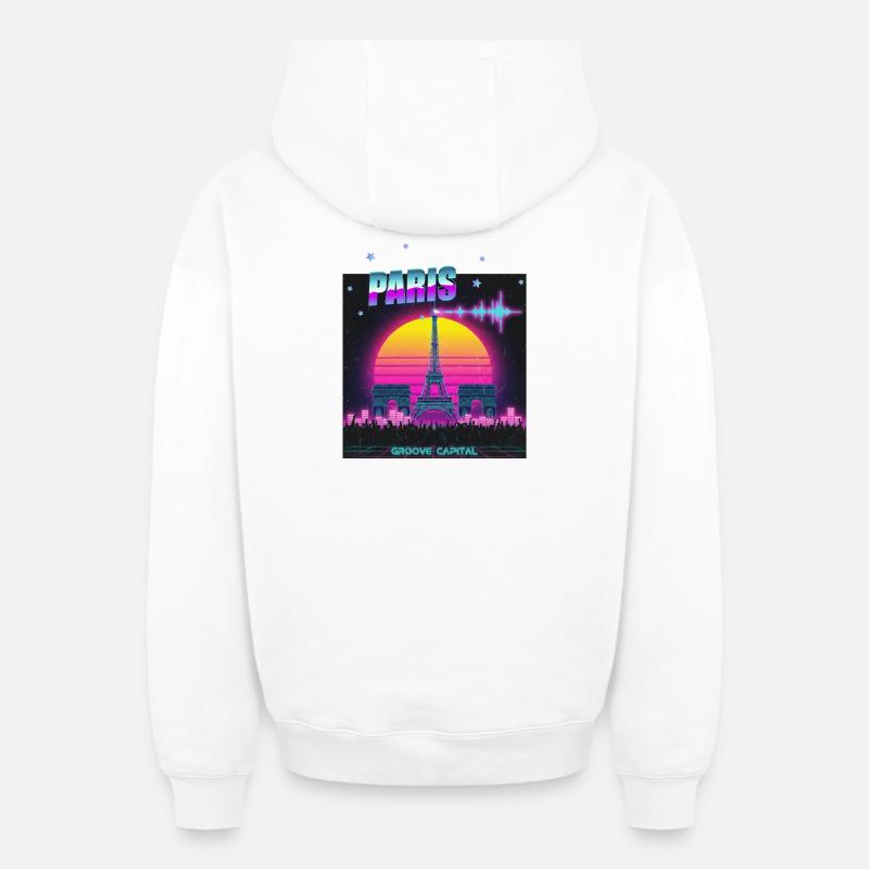 Paris Retro Wave Techno - Sweat à capuche unisexe zippé oversize épais SPREAD - blanc