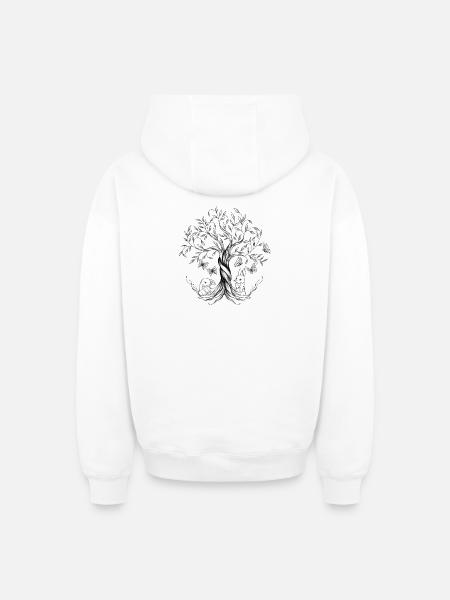 Tegning af livets træ, kaniner, sommerfugle - Unisex oversize hættetrøje med lynlås i kraftig kvalitet - hvid