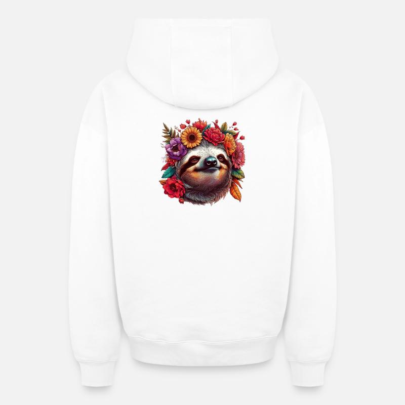 Paresseuse avec des fleurs - Sweat à capuche unisexe zippé oversize épais SPREAD - blanc