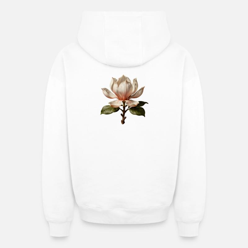 Magnolia Illustration Botanique Élégante - Sweat à capuche unisexe zippé oversize épais SPREAD - blanc