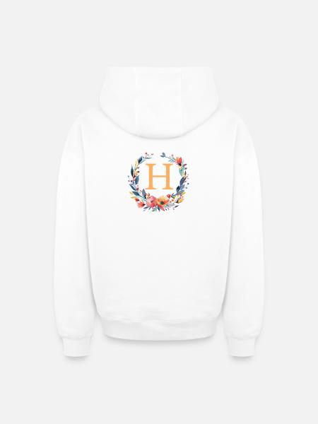 H Monogram, Flower Wreath, Personalizable - Oversized Heavyweight Unisex Zip Hoodie - white