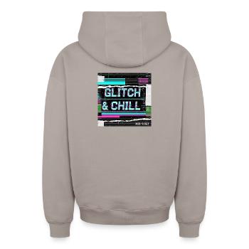 Glitch & Chill - Oversized Heavyweight Unisex Zip Hoodie - taupe - Back - AI Model Male 178 light (178cm)