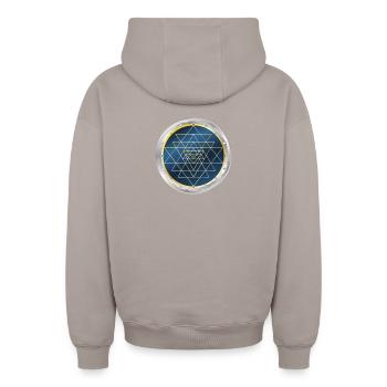 Sri Yantra, Sacred Geometry - Oversized Heavyweight Unisex Zip Hoodie - taupe - Back - AI Model Male 178 light (178cm)