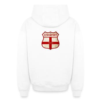 Armoiries de Stockport, Angleterre - Sweat à capuche unisexe zippé oversize épais SPREAD - blanc - Dos - AI Model Male 178 light (178cm)