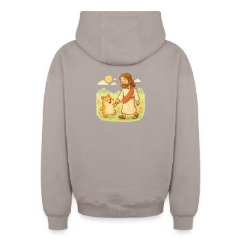 Loving Jesus geht mit einem Hamster spazieren - Oversized Heavyweight Unisex Zip Hoodie - Taupe - Hinten - AI Model Male 178 light (178cm)