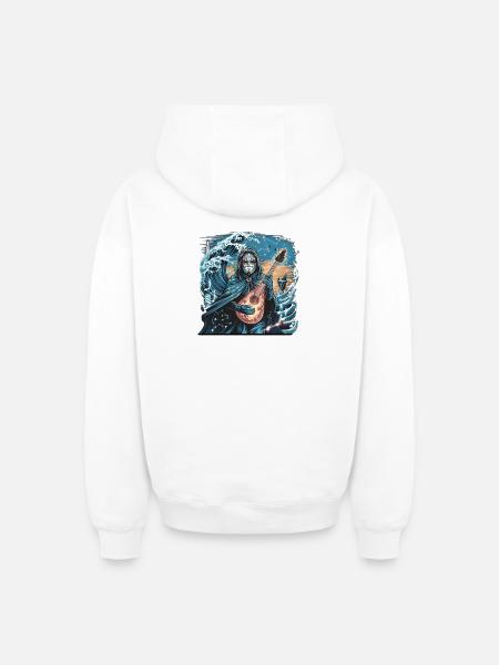 Mystic Ocean Wave with Ghostly Musician - Oversized Heavyweight Unisex Zip Hoodie - white